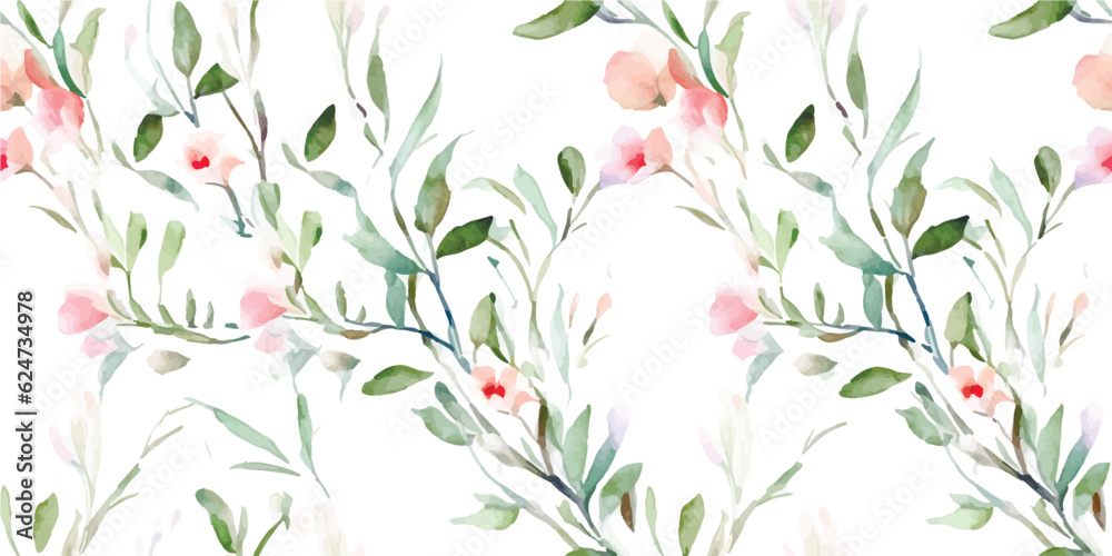 Abstract floral pattern of vertical branches with leaves and small flowers roses. Watercolor seamless print on white background Abstract floral pattern of vertical branches with leaves and small flowers roses. Watercolor seamless print on white background