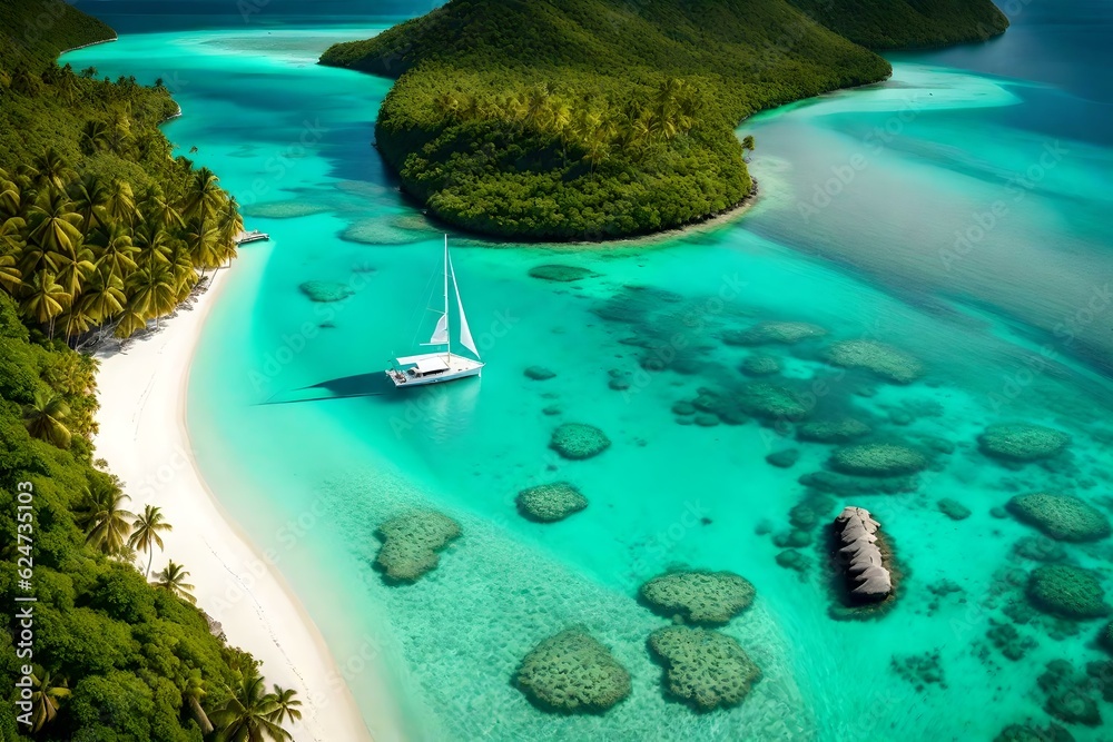 Aerial view of a lone sailboat peacefully drifting through the crystal-clear waters of a secluded lagoon, embraced by the majestic jungle-covered mountain of Bora Bora. Ai generated