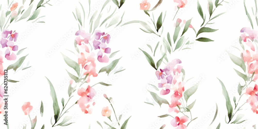 Abstract floral pattern of vertical branches with leaves and small flowers roses. Watercolor seamless print on white background
