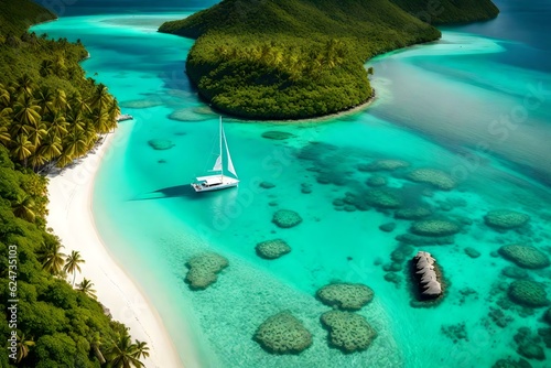 Aerial view of a lone sailboat peacefully drifting through the crystal-clear waters of a secluded lagoon  embraced by the majestic jungle-covered mountain of Bora Bora.  Ai generated