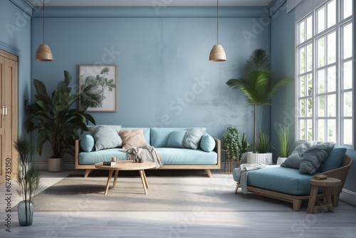pale blue The living room is furnished with plants, trees, and lighting. Generative AI