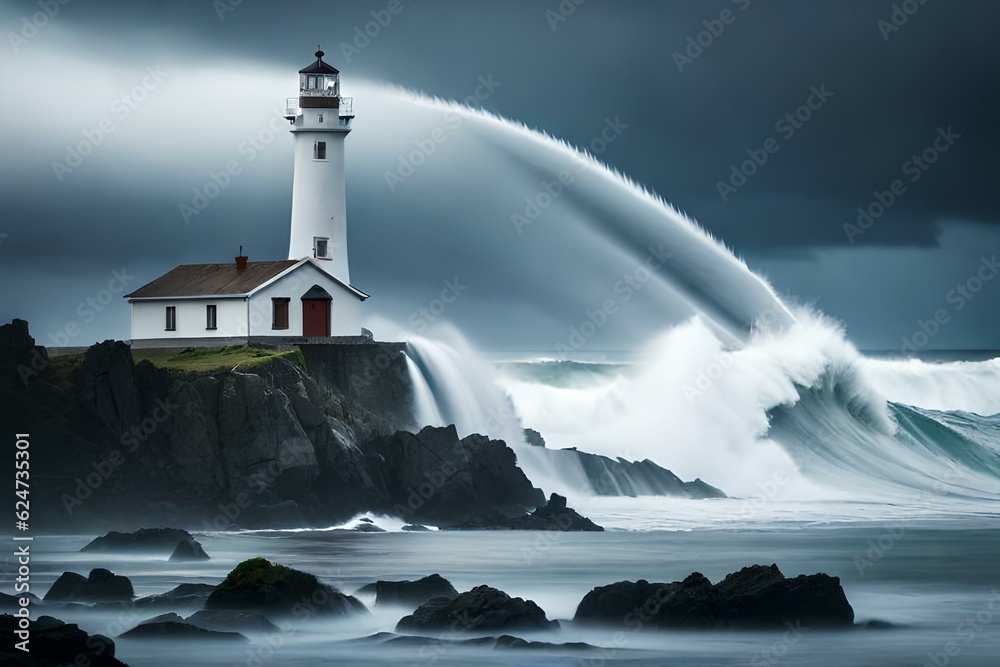 A Majestic Lighthouse Stands Tall on the Coast, Guiding Ships with its Beacon, as Waves Embrace the Shoreline Below