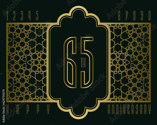 Happy anniversary sign in bohemian style. Golden numbers, vintage frame and some letters in set for designer.