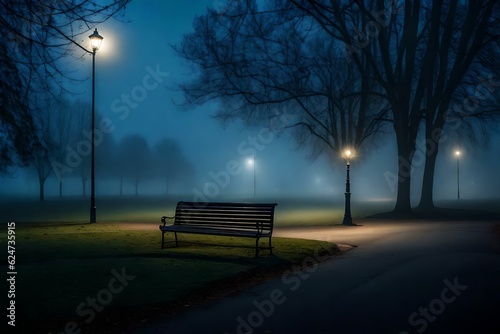 A lonely park bench sits gracefully amidst a blanket of thick fog, giving the scene an enchanting and magical quality.Ai generated