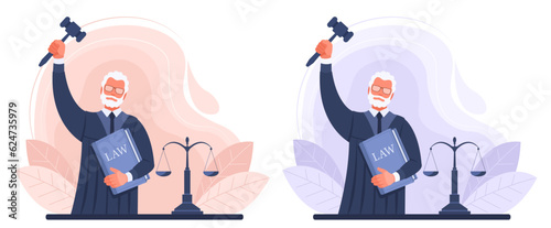 The judge is a gray-haired elderly man in a robe standing with a gavel and a book of the law. The concept of court, justice, law, sentence, justice. Set of vector illustrations in brown and blue.