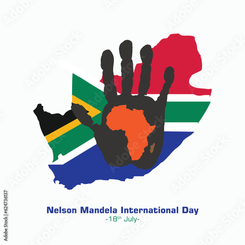 Vector illustration of Nelson Mandela International Day social media story feed mockup template. South African flag in background with hand print African map in center.