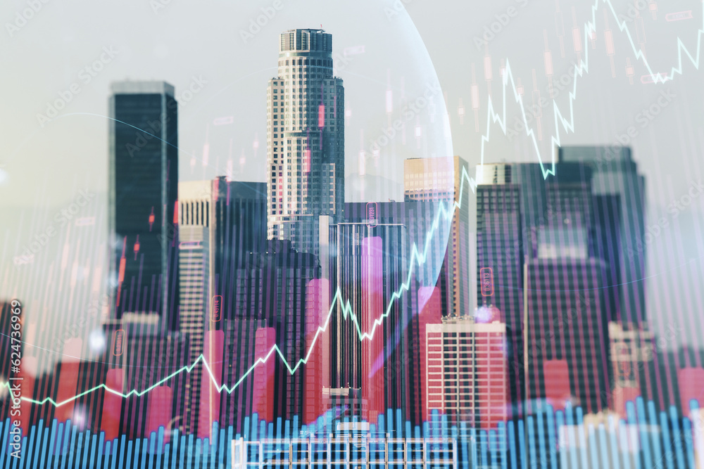 Abstract creative financial graph interface and world map on Los Angeles skyline background, forex and investment concept. Multiexposure Abstract creative financial graph interface and world map on Los Angeles skyline background, forex and investment concept. Multiexposure