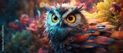 Beautiful adult owl bird with big eyes and fierce stare, vibrant feathers in a forest of colorful flowers and fallen leaves, fantasy wildlife illustration - generative AI