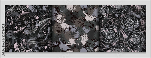 Seamless gray camouflage patterns with grunge paint brush strokes, smudge, hexagons, roses. Dense random chaotic composition. Good for apparel, fabric, textile, sport goods. Grunge texture