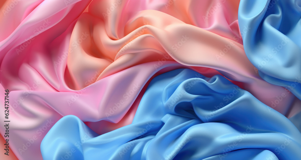 Fototapeta premium Silky fabric swirling background with pink and blue tones. Abstract, wavy AI generated backdrop