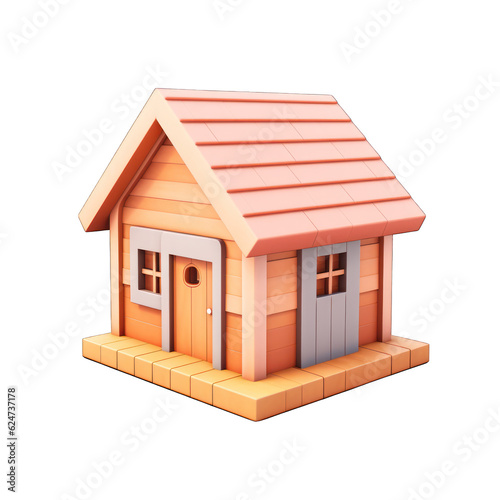 house made of wooden blocks 3d clay icon render isolated on white transparent background