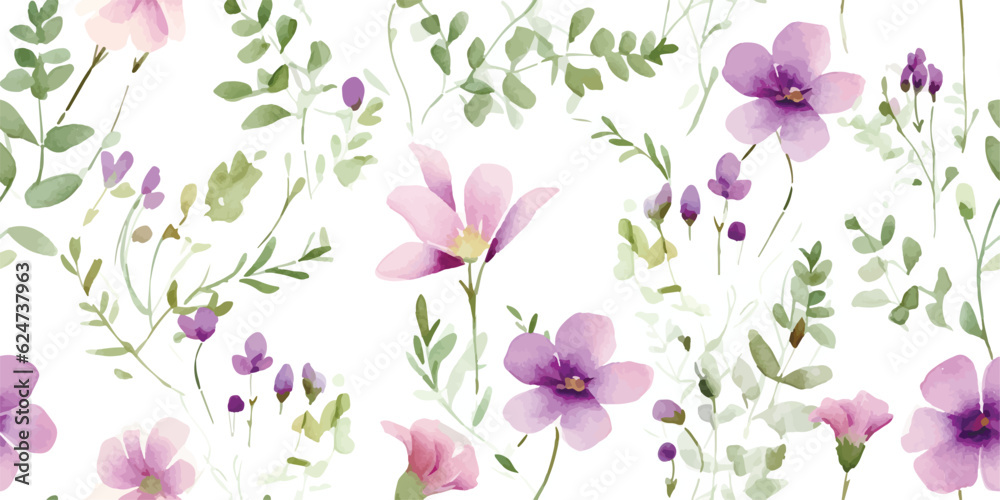 Floral pattern with purple flowers and green leaves on branches, watercolor seamless illustration isolated on white background, delicate garden with abstract wildflowers