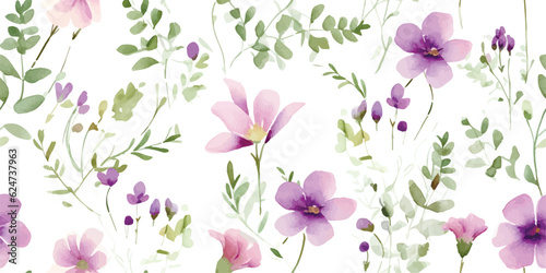 Floral pattern with purple flowers and green leaves on branches  watercolor seamless illustration isolated on white background  delicate garden with abstract wildflowers