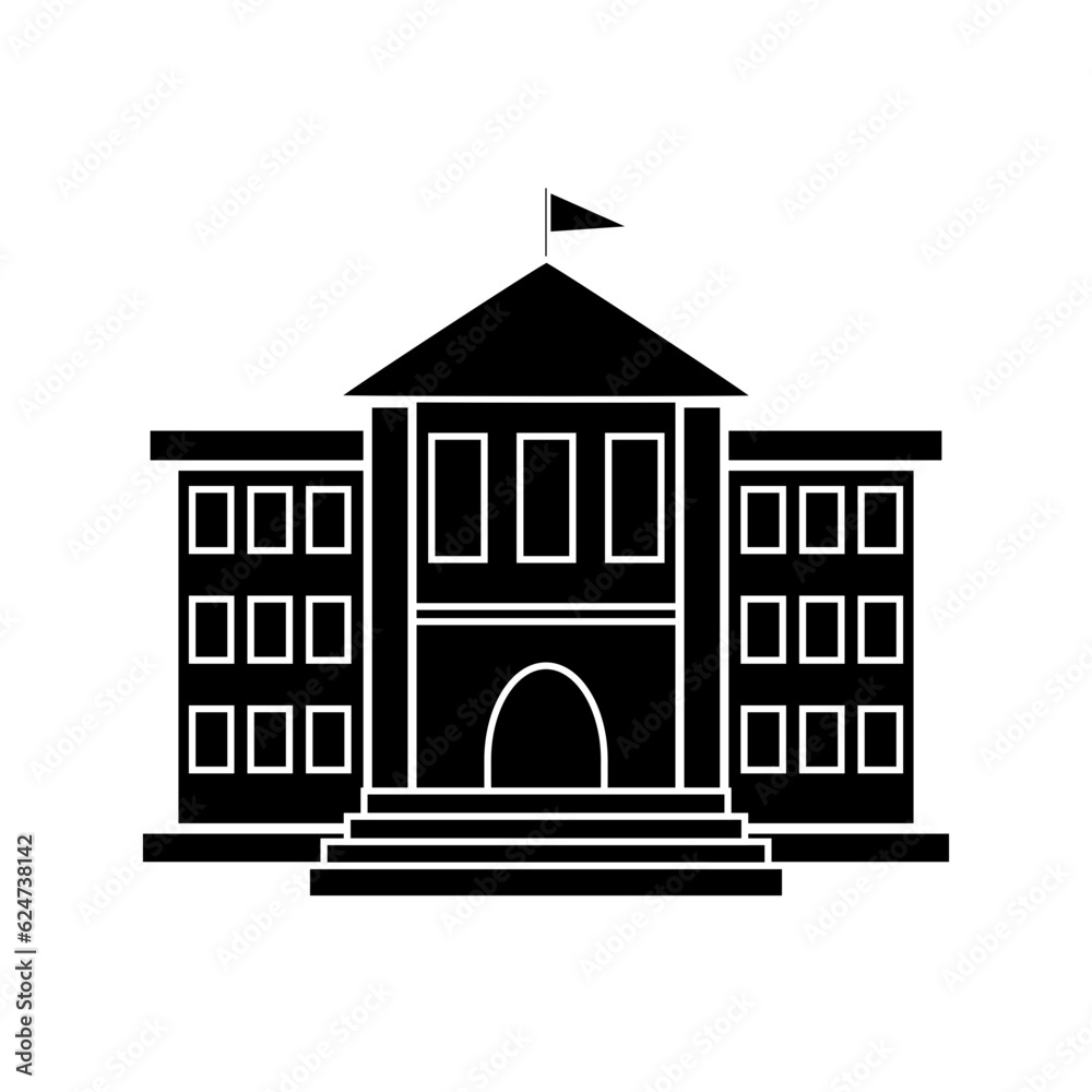 Simple Black and White School Building Illustration with Flag on Roof Simple Black and White School Building Illustration with Flag on Roof