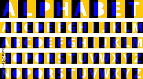 English alphabet with visual illusion of movement left and right. Blue and white letters in yellow and black squares are an easy text designer.