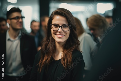 A woman with glasses is standing next to some people in an office. AI generative. © morepiixel