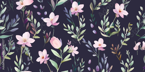 Floral pattern with purple flowers and green leaves on branches, watercolor seamless illustration isolated on dark blue background, delicate garden with abstract wildflowers