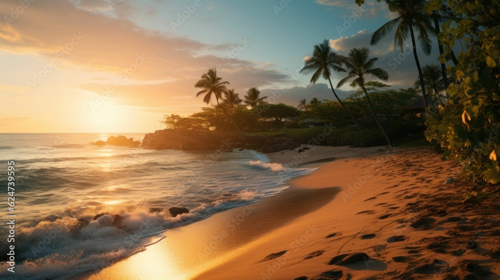 A beautiful beach with tropical trees at sunset