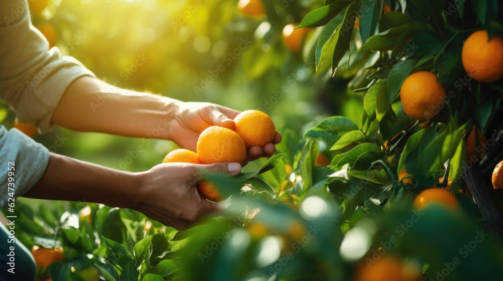 Close up of farmer male hands picking orange or mandarin fruits. Organic food, harvesting and farming concept. AI generative. Close up of farmer male hands picking orange or mandarin fruits. Organic food, harvesting and farming concept. AI generative.