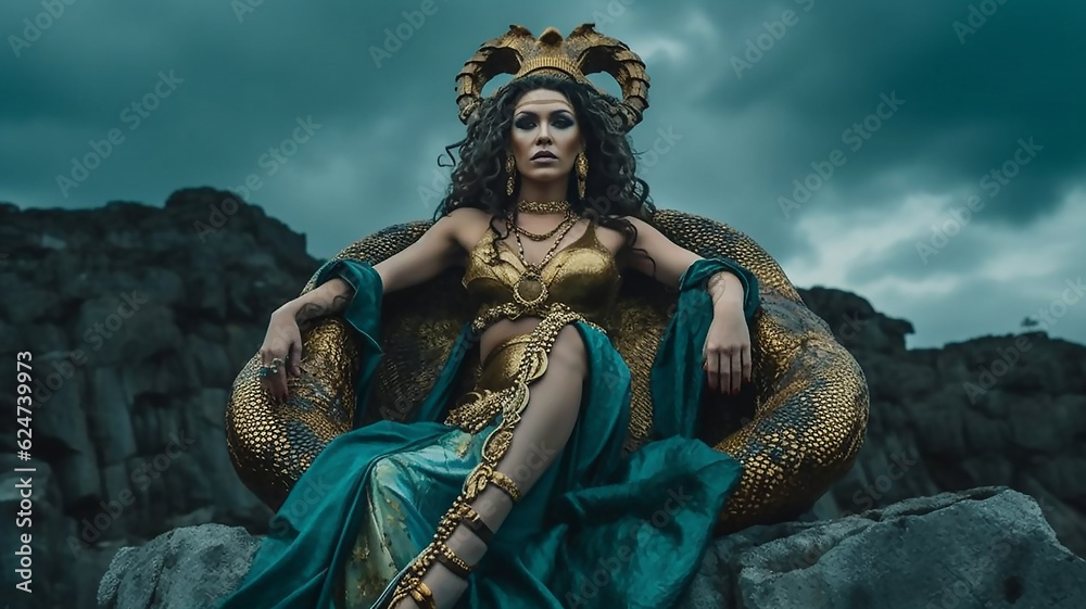 Fantasy image of the Greek goddess on the throne. Gorgon Medusa Stock  Illustration