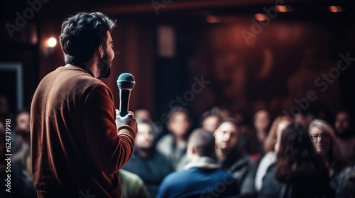 A comedian speaker with a microphone in front of an audience photo