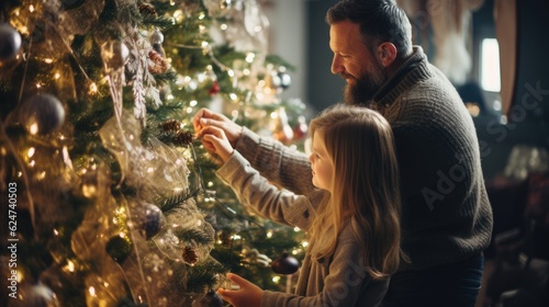 Father and daughter decorate a Christmas tree. AI generative. © morepiixel