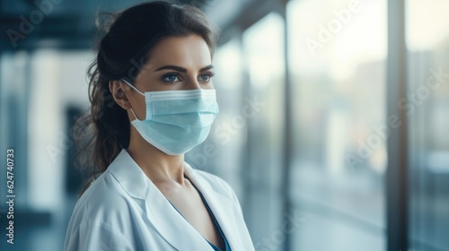 Woman physician standing at counter wearing a mask. AI generative.