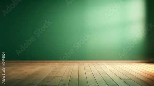 Green empty room with a wooden floor and a glare on the wall. Free copy space background wallpaper
