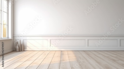 White empty room with a wooden floor and a window. Free copy space background wallpaper