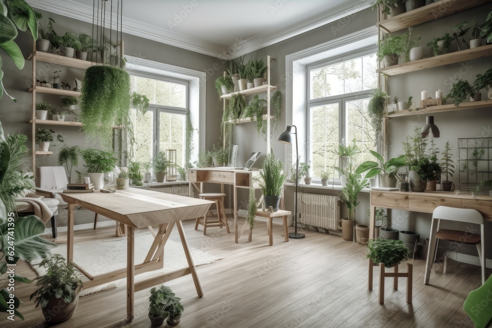 Open concept, stylish Scandinavian home with lots of plants, design accents, a bamboo shelf, a wooden desk, and mock up drawings of forests hanging from the ceiling. Home decor with a botany theme. br