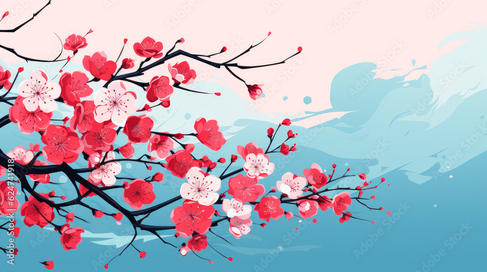Beautiful blooming cherry blossom. Design for prints, postcards or wallpaper. Generative AI.