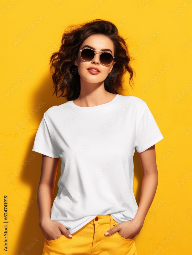 A woman wearing a high-quality white t-shirt for a mockup design. AI generative. A woman wearing a high-quality white t-shirt for a mockup design. AI generative.