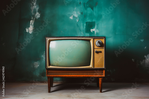 Retro television on a painted wall background. Front view, copy space. AI generated.