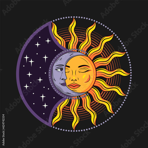 Eclipse with sun, crescent moon. Mythological medieval fairytale characters with face, magic, mystical, astrology symbols. Design for tattoo, astrology, stickers, tarot. Retro style.