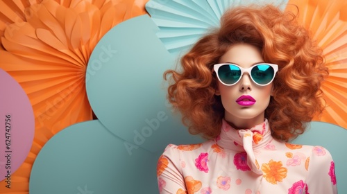 Fotografia Retro style pastel colors summer background, Fashion woman wearing big sunglasses