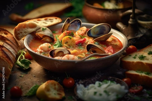 Bouillabaisse highlighting the rich and colorful ingredients photo