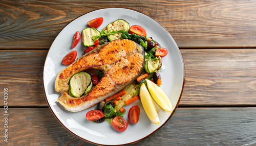 plate of baked salmon steak with vegetables on wooden table, top view