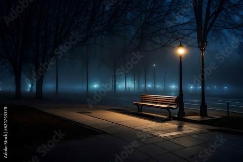 A lonely park bench sits gracefully amidst a blanket of thick fog, giving the scene an enchanting and magical quality.Ai generated