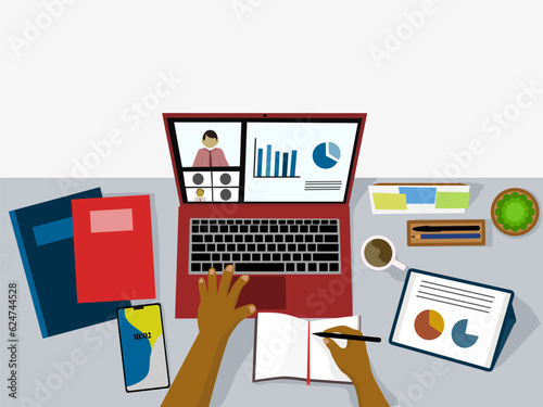 illustration of a person working on a laptop, working table illustration