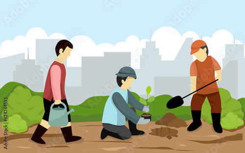illustration of people planting trees with cityscape background