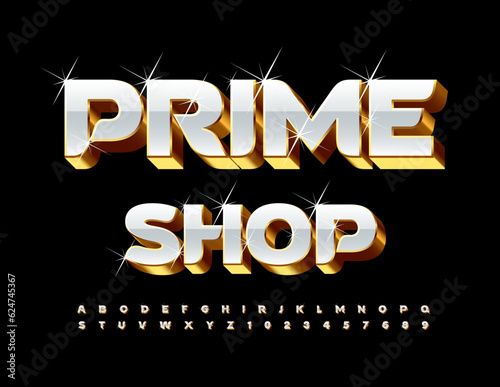 Vector elite logo Prime Shop with 3D Gold and White Font. Luxury set of unique Alphabet Letters and Numbers