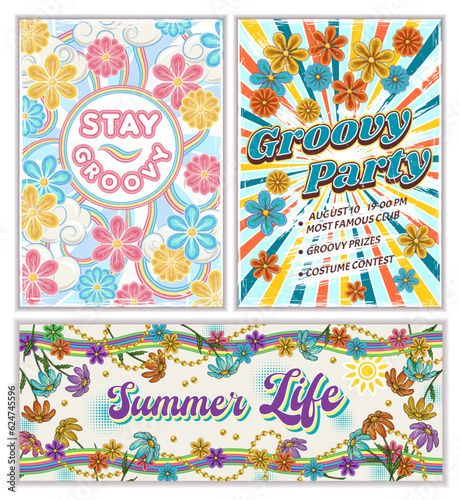 Set of groovy retro veritcal posters, horzontal banner with chamomile flowers, text. Good vibes, party, celebration concept. Bright summer vintage illustration. photo