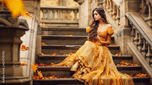 Fotografiet brunette girl sitting alone on the stone steps of castle, golden dress , autumn