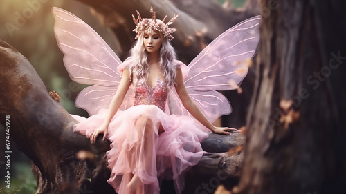 fairy in pink dress, fantastic Forest nymph butterfly sits on a log