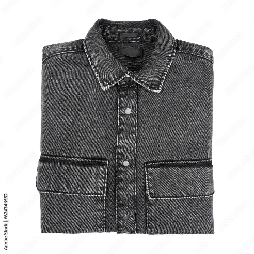 New gray denim shirt on white background Denim jeans texture. Denim background texture for design. Canvas denim texture. New gray denim shirt on white background Denim jeans texture. Denim background texture for design. Canvas denim texture.