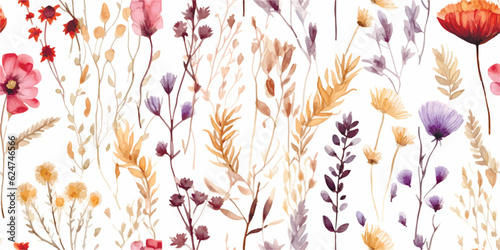 Floral seamless pattern with dry plants and flowers, colored watercolor print, isolated illustration for background, textile, wallpapers or wrapping paper