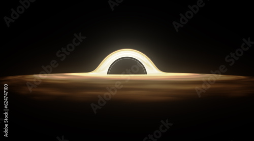 Supermassive Black Hole in Outer Space Surrounded by Accretion Disk of Glowing Plasma and gas. Event horizon and matter in the form of dust, gas, clouds around a black hole. 3d illustration.