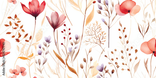 Floral seamless pattern with dry plants and flowers, colored watercolor print, isolated illustration for background, textile, wallpapers or wrapping paper
