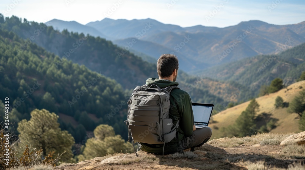 Freelancer with a laptop and a backpack working online in the mountains while hiking