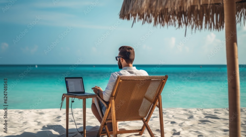 Freelancer with a laptop working online from the beach